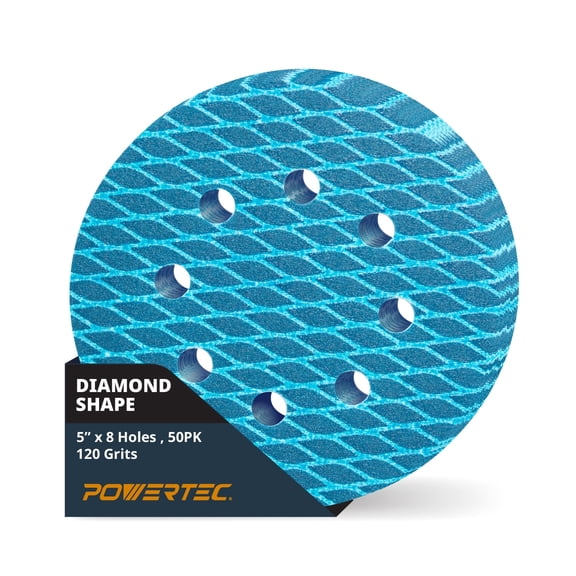 POWERTEC 50PK 5 Inch 8-Hole Hook and Loop Diamond Shaped Sanding Discs, 120 Grit for Random Orbital Sanders – J-Weight Cloth Backing for Long Life, Anti-Clog Sandpaper (44912N)