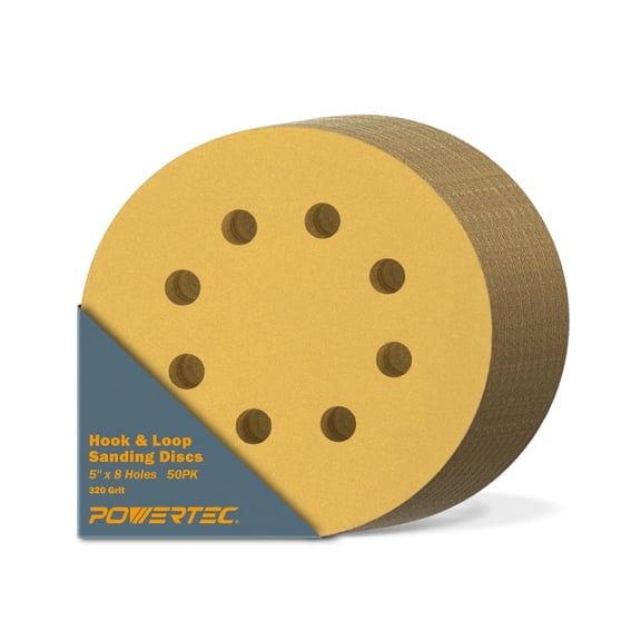 POWERTEC 50PK 5-Inch 8 Hole Hook and Loop Sanding Discs, 320 Grit Sandpaper for Random Orbital Sanders, Air Sander, Pneumatic Sander, Auto Body Shop, 44032G-50