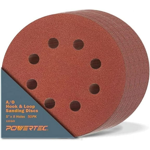 POWERTEC 50PK 5-Inch 8 Hole Hook and Loop 120 Grit Sanding Discs, Sandpaper for Random Orbital Sanders, 45012-P2