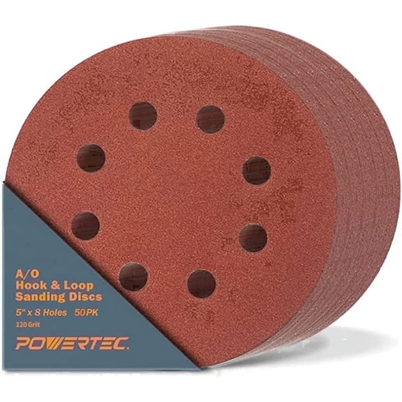 POWERTEC 50PK 5-Inch 8 Hole Hook and Loop 120 Grit Sanding Discs, Sandpaper for Random Orbital Sanders (45012-P2)