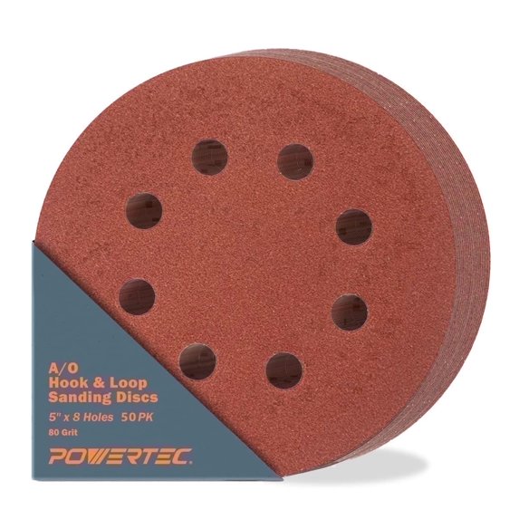 POWERTEC 50PK 5-Inch 8 Hole Hook and Loop Sanding Discs, 80 Grit, Sandpaper for Random Orbital Sanders, 45008-P2
