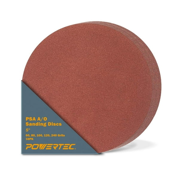 POWERTEC 50PK 5 Inch PSA Assorted Sanding Disc, 60/80/100/120/240 Grits, Aluminum Oxide Adhesive Sandpaper for Random Orbital Sander, 1x30 Belt Disc Sander (45500)