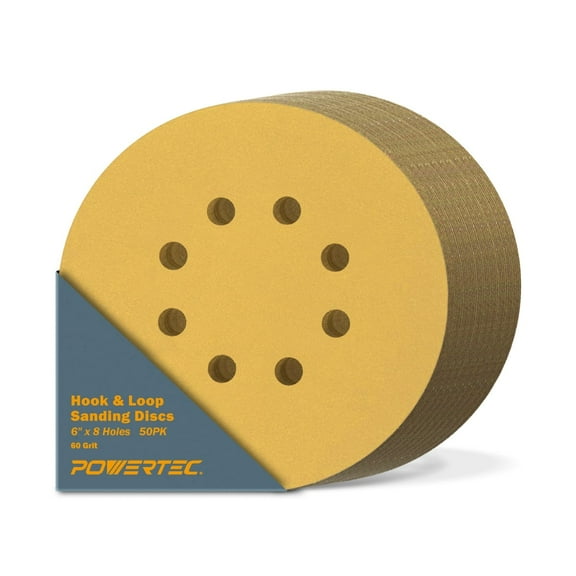 POWERTEC 50PK 6" x 8 Holes, 60 Grit, Hook & Loop Sanding Disc, Gold (44206G-50)