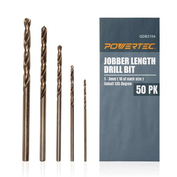 POWERTEC M35 Cobalt Drill Bit 1mm-3mm, 50PK HSS Twist Bits, 135° Split Point Jobber Bits For Stainless Steel, Hard Metal, Cast Iron, Wood & Plastic. HSS-Co Heat-Resistant (QDB2104)