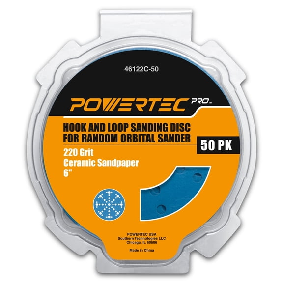 POWERTEC 50PK PRO 6 Inch 49 Holes Hook and Loop Sanding Disc, 220 Grit, Ceramic Hook and Loop Backing Discs for Festool Random Orbital Sanders - Automotive, Paint, Metal, Woodworking, 46122C-50