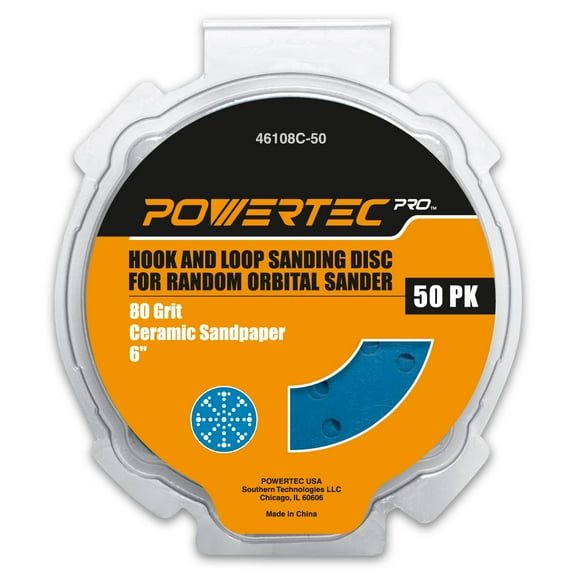 POWERTEC 50PK PRO 6 Inch 49 Holes Hook and Loop Sanding Disc, 80 Grit, Ceramic Hook and Loop Backing Discs for Festool Random Orbital Sanders - Automotive, Paint, Metal, Woodworking, 46108C-50