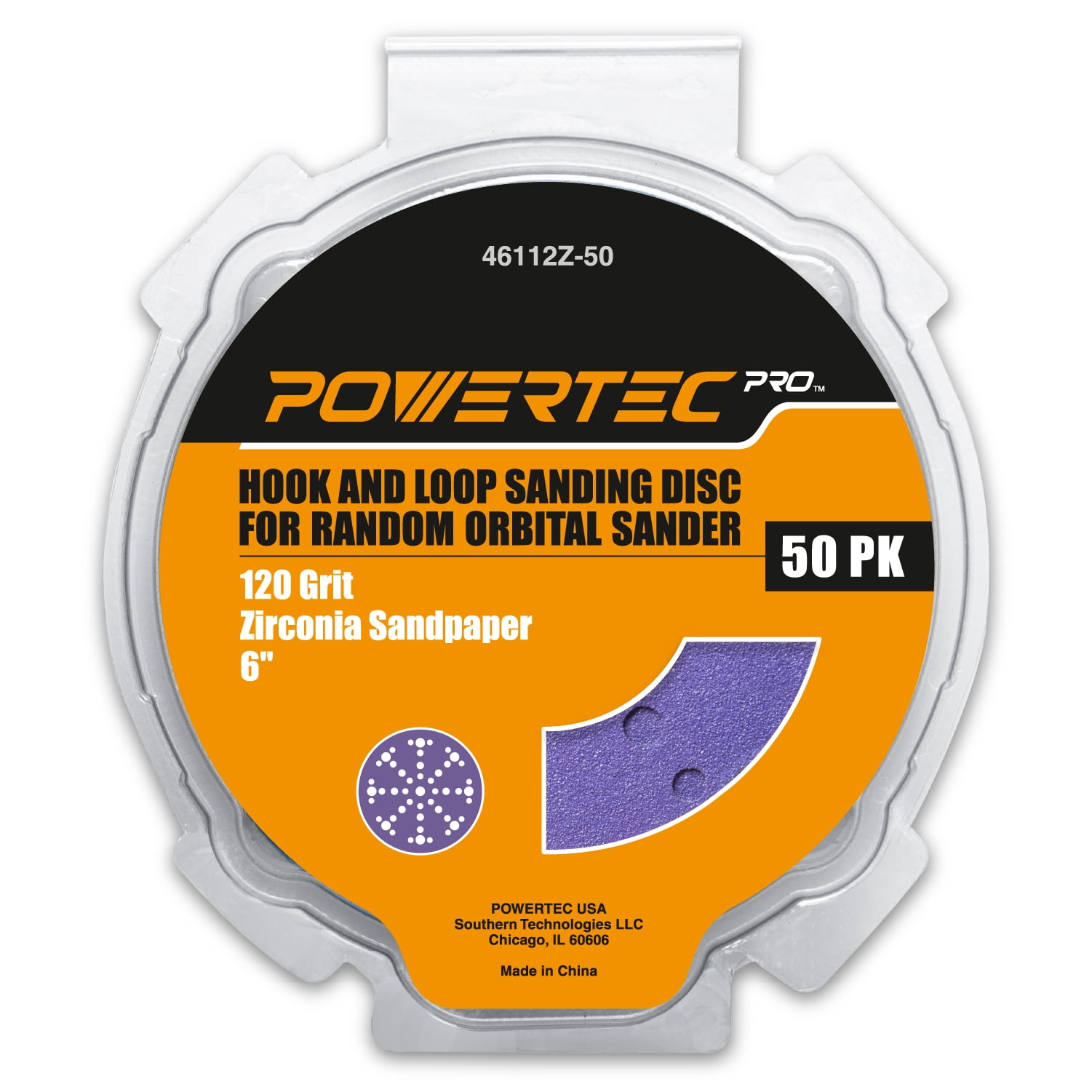 POWERTEC 50PK PRO 6 Inch 49 Holes Sanding Disc, 120 Grit, Zirconia Hook and Loop Film Backing Sandpaper for Festool Random Orbital Sanders - Automotive, Paint, Metal, Woodworking, 46112Z-50