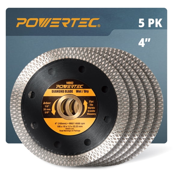 POWERTEC 5PK 4 Inch Diamond Saw Blades for Handheld Tile Saw & Angle Grinder, Super Thin Turbo Mesh Rim Tile Blades for Cutting Porcelain, Granite Tile & Ceramic Tile, 4" Diamond Blades (14002-P5N)