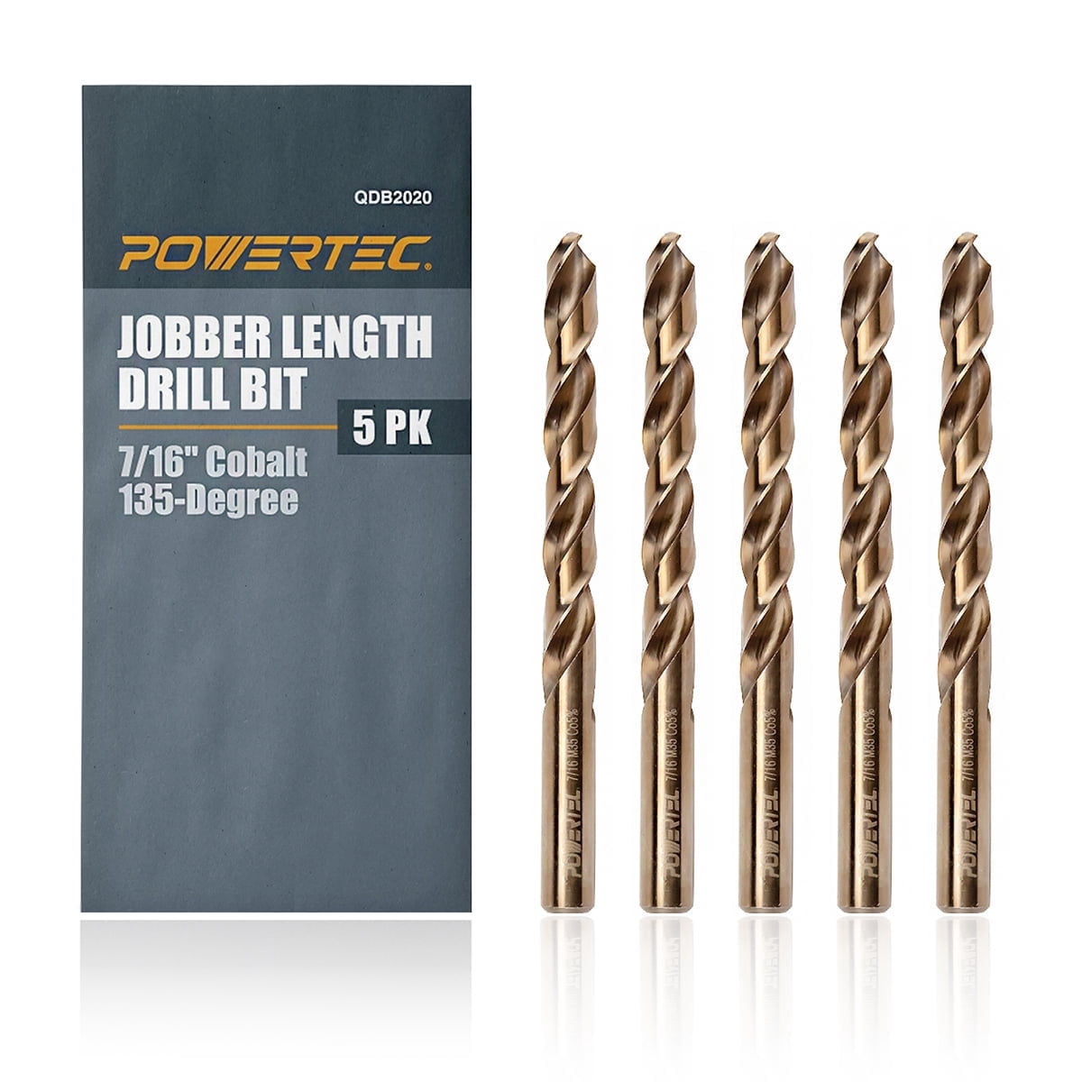 POWERTEC 5PK Cobalt Drill Bit 7/16-Inch | 135 Degree Drill Bit Set (QDB2020)
