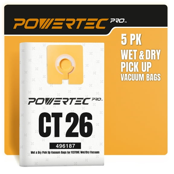 POWERTEC 5PK PRO 496187 Premium Vacuum Bags for Wet Mess & Dry Dust, for Festool CT 26 Dust Extractor, Selfclean Filter Bags, Replacement Shop Vacuum Bags, Dust Collection Bags (75088N)