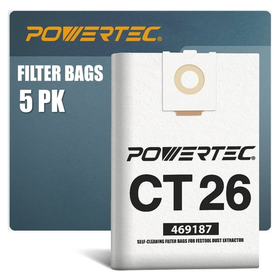 POWERTEC 5PK Shop Vacuum Bags for Festool CT 26 Dust Extractor, Replacement Fleece Filter Bags for Festool 496187 Shop Vacuum Dust Collection Bags, Shop Vacuum Accessories for Festool (75037)