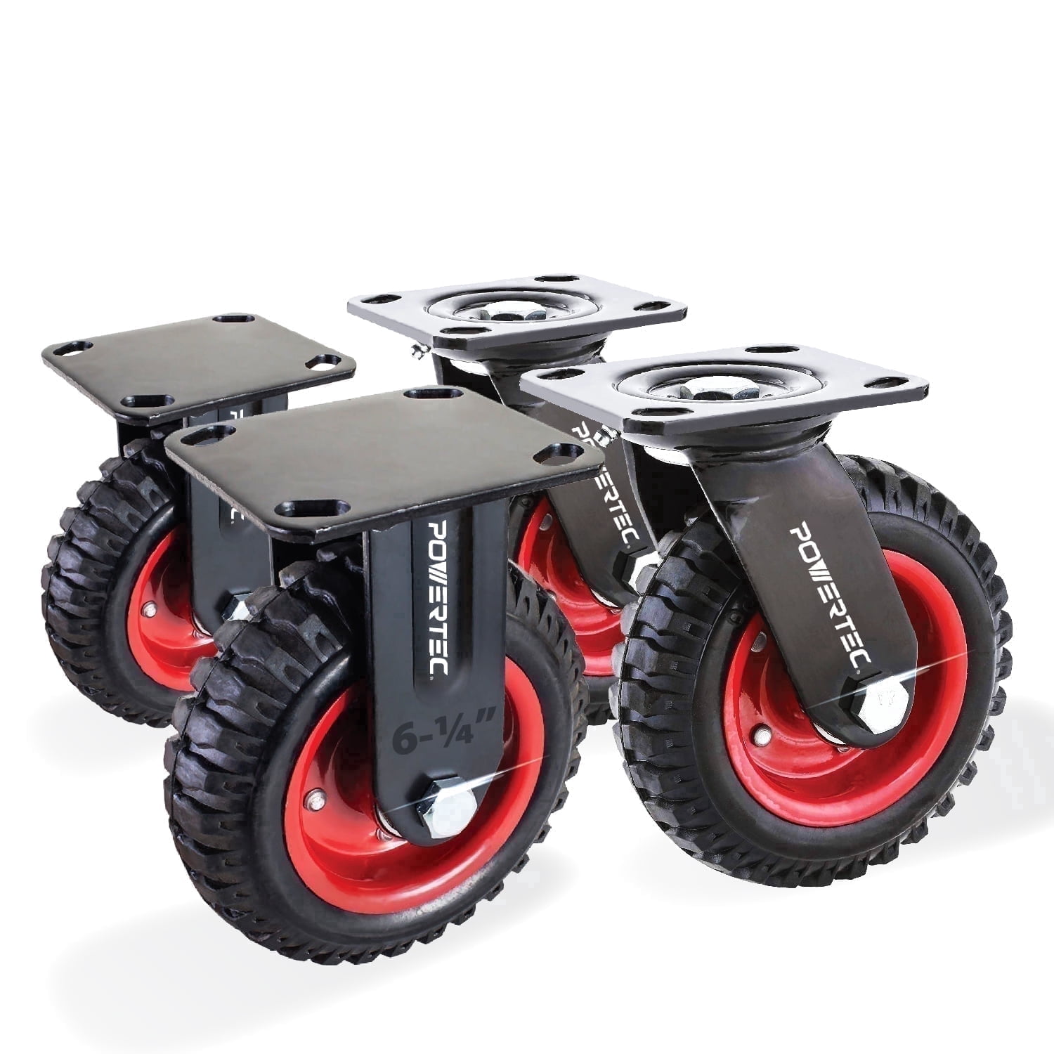 POWERTEC 6 inch Caster Wheels Set of 4 (2 Swivel & 2 Fixed), Heavy Duty Casters w/Rubber Knobby Tread for Workbench, Dolly, Cart, Trolley, Wagon and Chicken Coop, Large Rubber Castor Wheels (17054V)