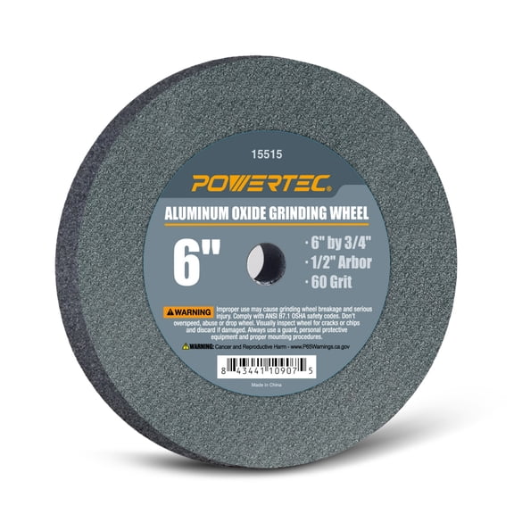 POWERTEC 6" x 3/4" with 1/2" Arbor, Bench Grinding Wheel, 60 Grit, Aluminum Oxide (15515)