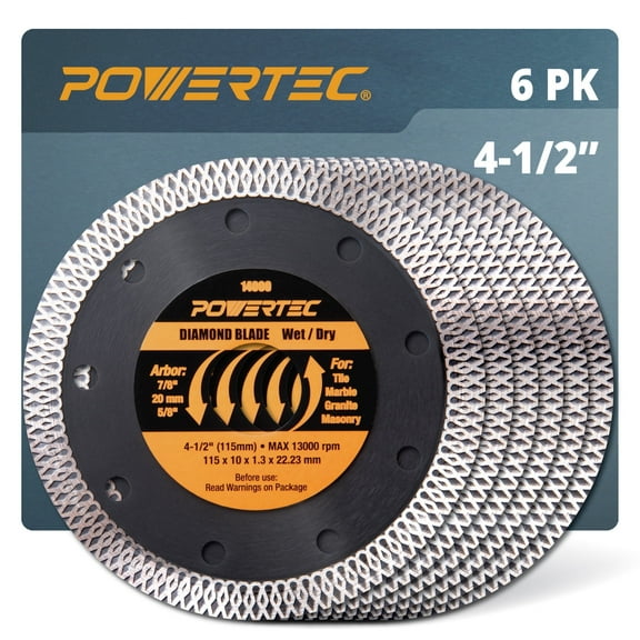 POWERTEC 6PK 4-1/2 Inch Turbo Mesh Rim Diamond Saw Blade for Angle Grinder Wet/Dry Cutting, Super Thin Diamond Blades for Cutting Tile, Granite, Marble and Thin Masonry, 14000-P6N