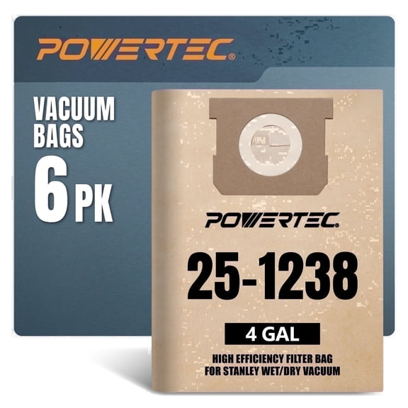 POWERTEC 6PK Stanley 25-1238/ Porter Cable PCX18301-4B, SL18301-3B 4 Gallon Vacuum Bags, Replacement Filter Bags for Stanley & Porter Cable, 75051-P2