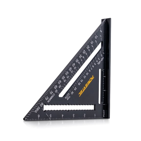 POWERTEC 7" Aluminum Rafter Square, Speed Framing Square, CNC-machined Aluminum with Laser-etched Markings for Framing, Roofing, Stair Layout, Angle Measurement, and Saw Guide Cuts (72322N)