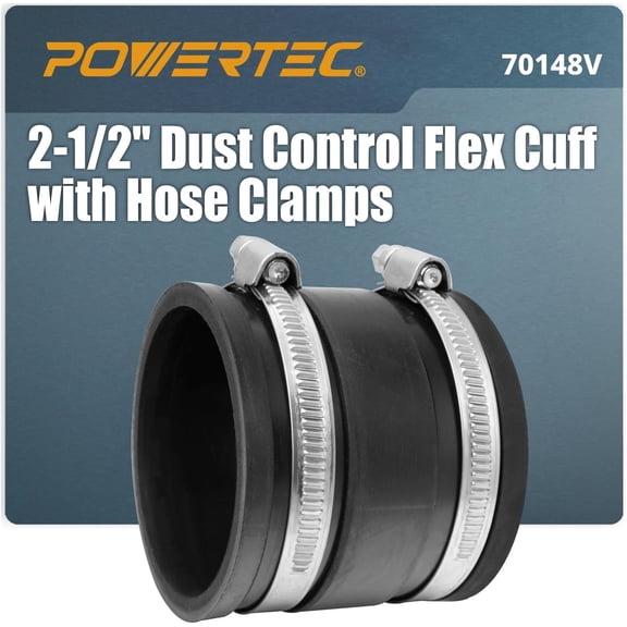 POWERTEC 70148V 2-1/2 Inch Dust Control Flex Cuff with Steel Hose Clamps, Hose Connector Rubber Cuff Coupler for Woodworking Dust Collection Fittings, Dust Collector Accessories & Machinery, 1pk