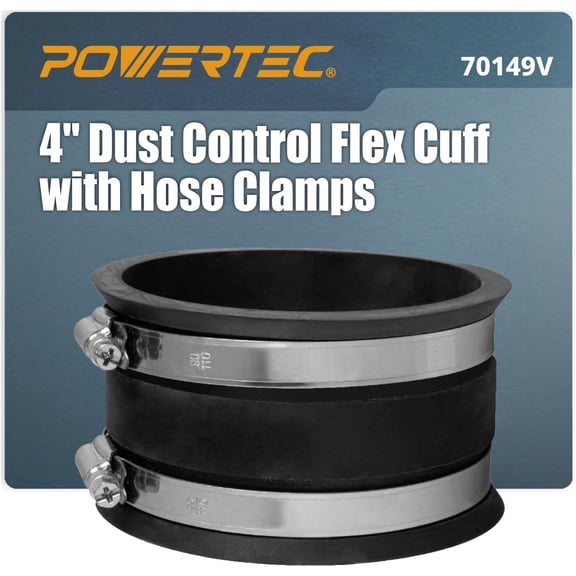 POWERTEC 70149V 4 Inch Dust Control Flex Cuff with Steel Hose Clamps, Hose Connector Rubber Cuff Coupler for Woodworking Dust Collection Fittings, Dust Collector Accessories & Machinery, 1pk