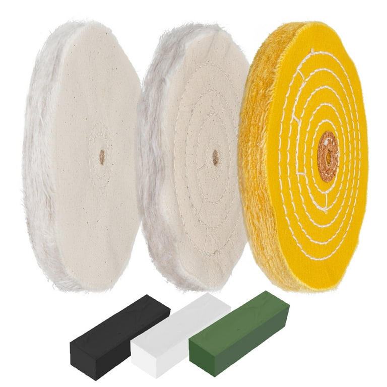POWERTEC 71631, 6 Inch Bench Grinder Buffing Wheel Kit w/ 3pcs Polishing  Compound Set Including Black, White, Green Bars and Treated Yellow (40 Ply)  Loose Cotton (40 Ply), White Cotton (40 Ply) 