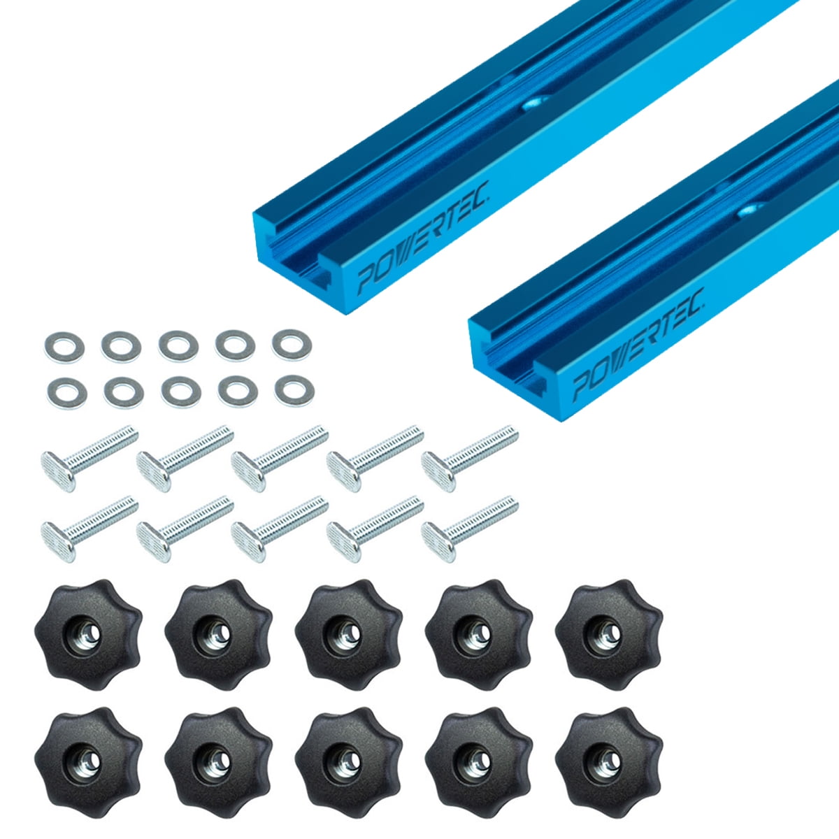 POWERTEC 71890 24" Double-Cut Profile T-Track and 10PK T-Track Knob Kit w/ 7-Star 1/4 Threaded Knob, Bolts and Washers, For Woodworking Jigs