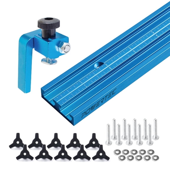 POWERTEC 36" Double-Cut Profile Universal T-track with Dual Laser Engraved Scale, 3" Fence Flip Stop and 1/4"-20 T Track Knob Kit, 71946