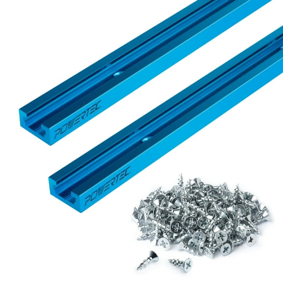 POWERTEC 24" Double-Cut Profile Universal T-Track with Predrilled Mounting Holes 2 PK & 100 PCS #6 X 1/2" Wood Screw Set, Phillips Flat Head Deep Thread Screws (71948)