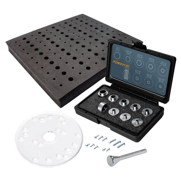 POWERTEC 72033 Dia 6-1/2" Clear Acrylic Multiple Pre Drilled Holes Router Base Plate with Centering Pin, Screws, Router Bit Tray for 110 Bits and 10 pcs Porter Cable Style Brass Router Guide Bushing
