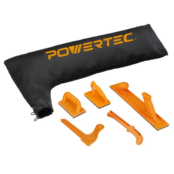 POWERTEC 72038 Table Saw Dust Collector Bag Fits 10" Tablesaws w/ 2.5" Dust Port and Safety Push Block & Push Stick 5-pc Set for Table Saws, Router Tables, Band Saws & Jointers, Hand Protection