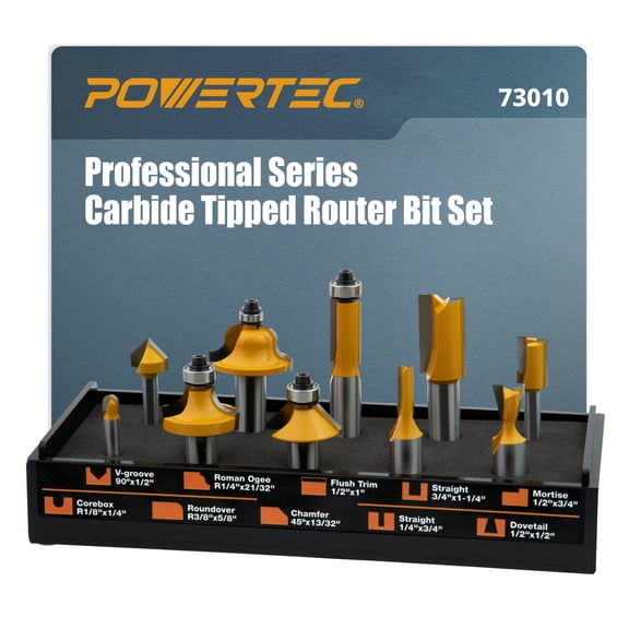 POWERTEC 10pcs Carbide Tipped Router Bit Set, 1/2" and 1/4" Shank Router Bits for DIY and Various Woodworking Projects. Includes Flush Trim, Roundover, Dovetail, Core Box and More (73010)
