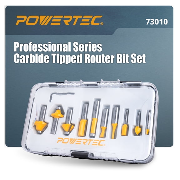 POWERTEC 10pcs Carbide Tipped Router Bit Set, 1/2" and 1/4" Shank Router Bits for DIY and Various Woodworking Projects. Includes Flush Trim, Roundover, Dovetail, Core Box and More (73010)