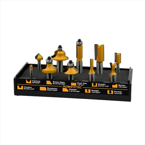 POWERTEC 73010 10-Piece Carbide Tipped Bit Set, Professional Series with 1/2-Inch and 1/4-Inch Shank Router Bits