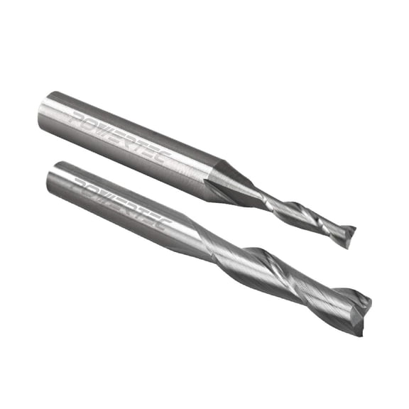 POWERTEC 73060 Solid Carbide Up Cut Spiral Router Bits 2pc, 1/4" Shank, 1/4" Cutting Dia x 1" Cutting Length & 1/8" Cutting Dia x 1/2" Cutting Length, Woodworking Router Bit Use on CNC and Router Tool