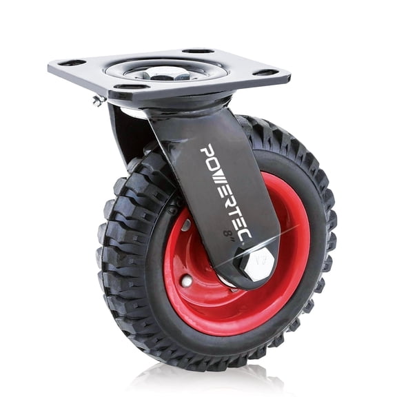POWERTEC 1PK 8 inch Caster Wheels, Heavy Duty Swivel Plate Casters with Rubber Knobby Tread for Workbench, Dolly, Cart, Trolley, Wagon and Chicken Coop, Large Rubber Castor Wheels (17051V)