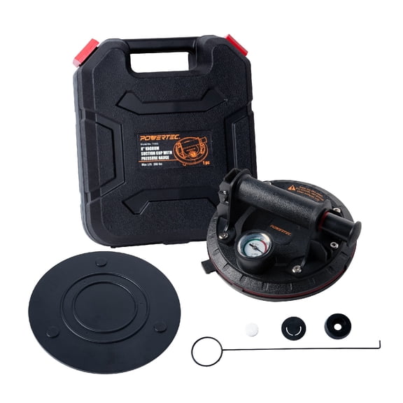 POWERTEC 8 Inch Heavy Duty Vacuum Suction Cups with Pressure Gauge & 286 lbs Load Capacity, 1 PK, Handheld Vacuum Suction Cup Lifter to Lift Large Tile, Granite, Marbles & Windshield Removal (71883N)