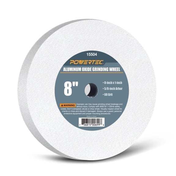 POWERTEC 8 Inch x 1 Inch Bench and Pedestal Grinding Wheels, 5/8 Arbor, 60 Grit White Aluminum Oxide Bench Grinder Wheel for Grinding and Sharpening Cutting Tools (15504)