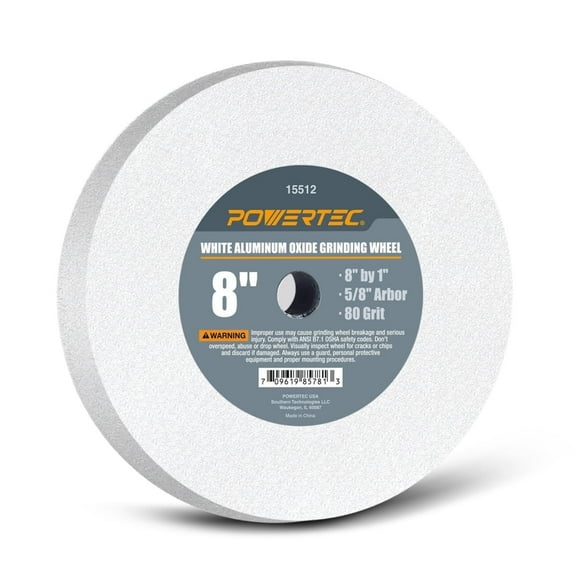 POWERTEC 8 Inch x 1 Inch Bench and Pedestal Grinding Wheels, 5/8 Arbor, 80 Grit, White Aluminum Oxide Bench Grinder Wheel for Grinding and Sharpening Cutting Tools, 15512