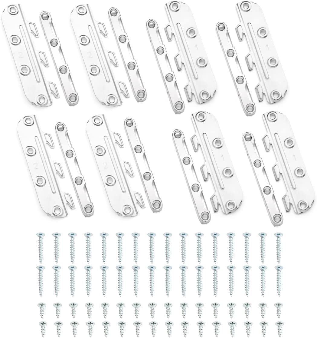 POWERTEC 8 Set Surface Mounted Bed Rail Brackets, Bed Frame Fasteners Hardware with Mounting Screws, Bed Rail Hooks for Wood Bed Frame, Silver, 71425-P2