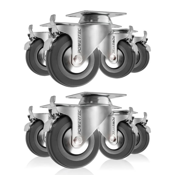 POWERTEC 8PK 3" Swivel Caster Wheels with Brake, 660 lbs Loads (330lbs Loads for Set of 4), Heavy Duty Plate Casters Dual Locking Rubber Castor Wheels for Furniture, Cart, Dolly, Workbench, 17023-P8