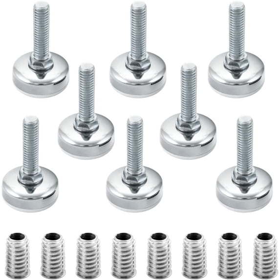 POWERTEC 8PK Threaded Leveling Feet with 3/8"-16 Threaded Inserts, Heavy Duty Adjustable Furniture Levelers with Large Nylon Foot for Cabinets, Benches, Tables & More (71189-P2)