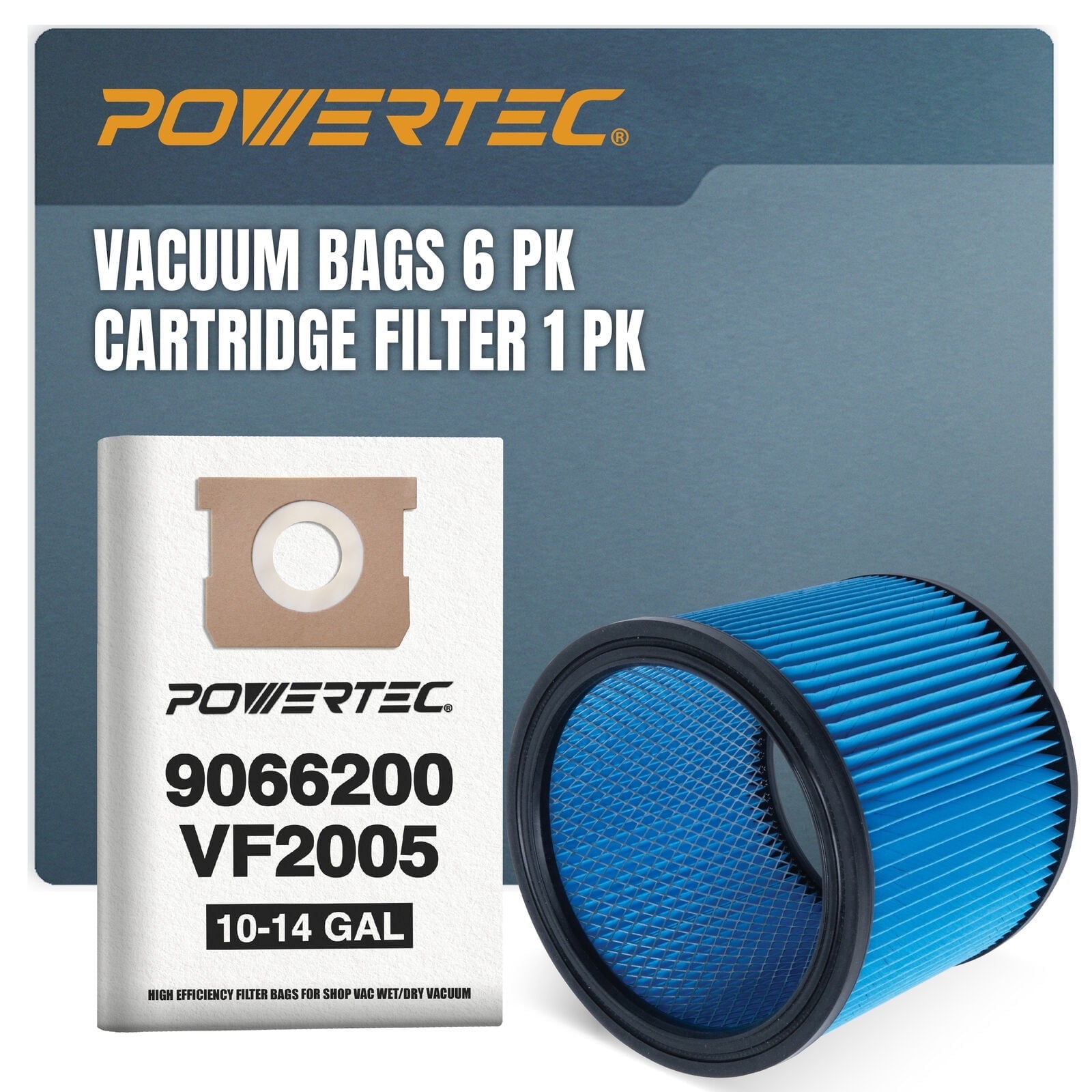 90662 POWERTEC 90662 Shop Vacuum Bags 6PK & 90304 Cartridge Filter 1PK, for ...