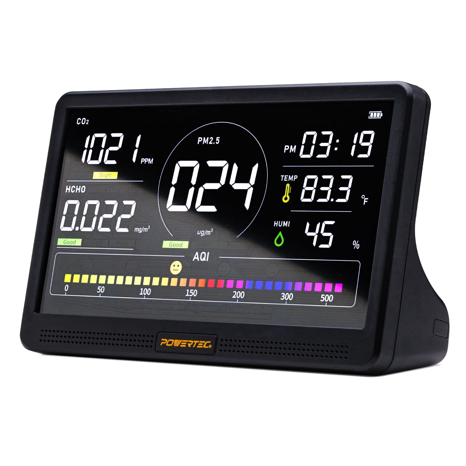 POWERTEC Air Quality Monitor with 7” LCD Display – Multi-Sensor CO₂, PM2.5, PM10, HCHO, TVOC Detector, NDIR Sensors, Rechargeable Indoor/Workshop Air Monitor, AD1001