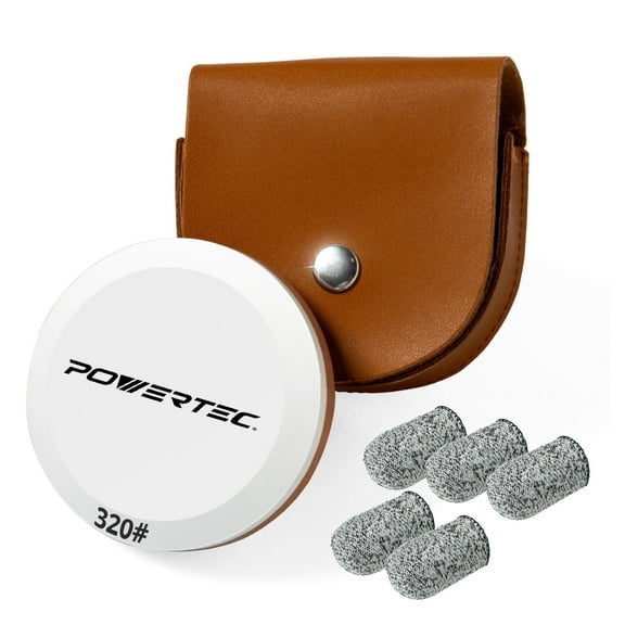POWERTEC Axe & Hatchet Sharpening Stone, Dual Grit 180/320 Round Sharpening Puck, with Leather Pouch & Safety Gloves, Whetstone Sharpener Tool for Knife, AX, Sword, 72125N
