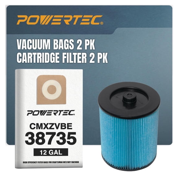 POWERTEC CMXZVBE38735 Vacuum Bags 2PK & 17816 Cartridge Filters 2PK, for Craftsman 38735 12 Gal Filter Bags, 17907/17912 Filter for Most 5 Gallon and Above Wet/Dry Vacs (75117N)