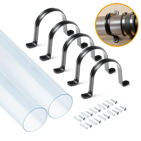 POWERTEC Clear PVC Pipe 4" x 36" Long, 2PK Plastic Tubing and 5PK Pipe Straps w/ Anchors & Screws Compatible w/ Dust Collection Fittings - Hose for Woodworking Tools (70471N)