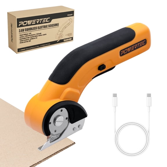 POWERTEC Cordless Electric Scissors 3.6V Rechargeable Fabric, Cardboard & Carpet Cutter with Fast USB-C Charging, Safety Lock, and Extra Blade for DIY, Crafting & Upholstery (ESS3600)
