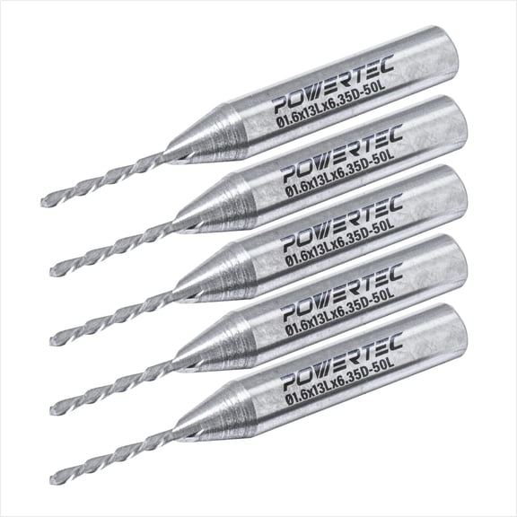 POWERTEC Down Cut Spiral 1/16" Router Bit, 1/4" Shank Tungsten Carbide Router Bit with 1/2" Cutting Length & 2" Long. Fits CNC Router, Handheld Router, Router Table & Plunge Router, 5 PK (73038-P5)