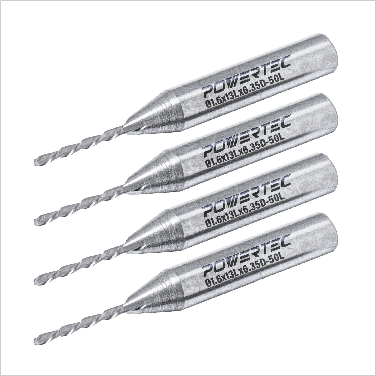 POWERTEC Down Cut Spiral 1/16" Router Bit, 1/4" Shank Tungsten Carbide Router Bit with 1/2" Cutting Length & 2" Long. Fits CNC Router, Handheld Router, Router Table & Plunge Router, 4 PK, 73038-P4