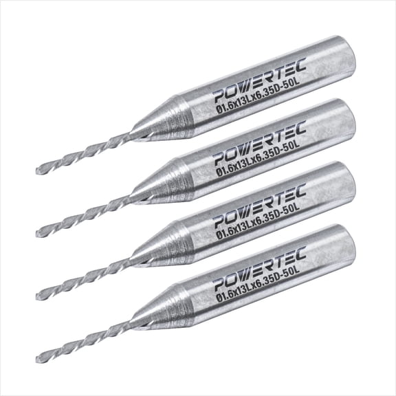 POWERTEC Down Cut Spiral 1/16" Router Bit, 1/4" Shank Tungsten Carbide Router Bit with 1/2" Cutting Length & 2" Long. Fits CNC Router, Handheld Router, Router Table & Plunge Router, 4 PK, 73038-P4