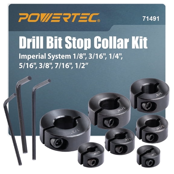 POWERTEC  7-Piece Drill Bit Stop Collar Set, Imperial Size  1/8", 3/16", 1/4", 5/16", 3/8", 7/16", 1/2"  (71491)