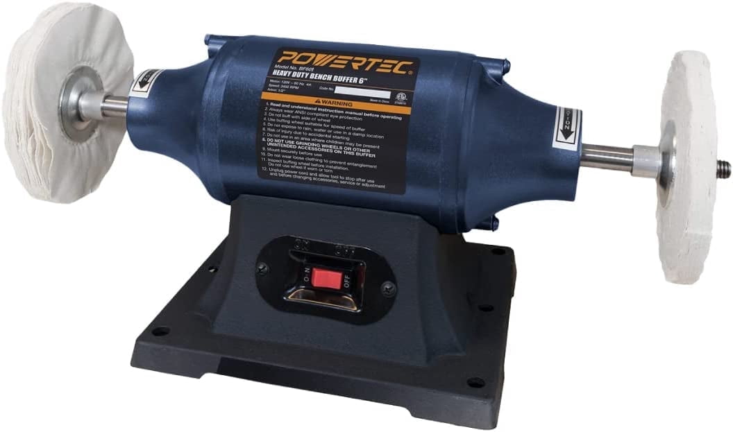 POWERTEC Jewelry Polisher/Bench Buffer Polisher with 2 Polishing Wheel, 6-Inch Buffing & Polishing Machine, Benchtop Buffer for Metal, Jewelry, Knives, Wood, Jade and Plastic  (BF601)